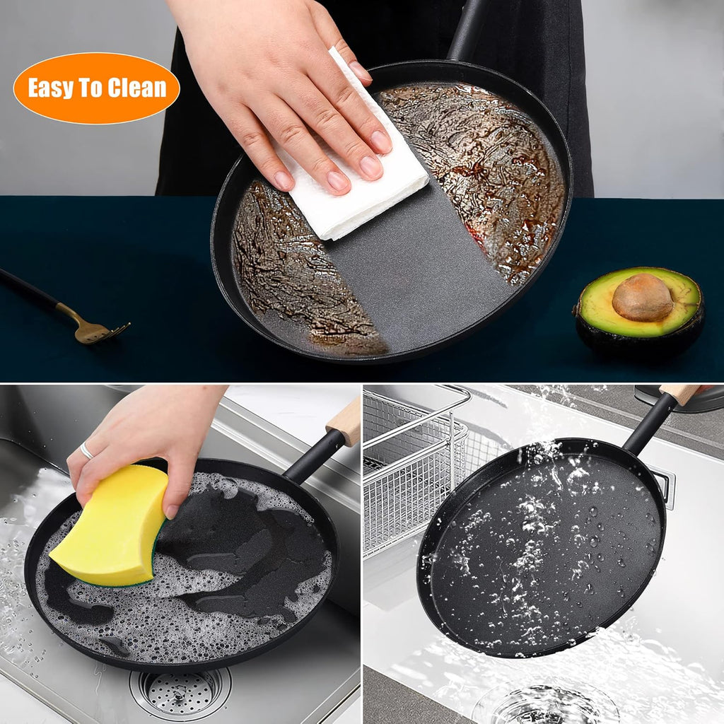 bodkar Frying Pan Skillet 8-inch Flat Griddle Pan, Lightweight Small Grill Pan with Wooden Handle for Camping Indoor Outdoor Cooking