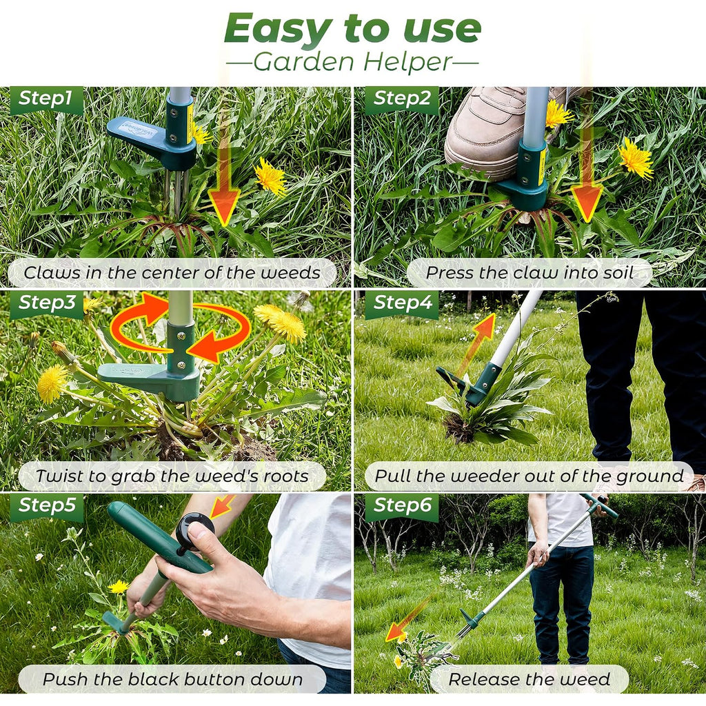 Walensee Weed Puller, Stand Up Weeder Hand Tool, Long Handle Garden Weeding Tool With 3 Claws, Hand Weed Hound Weed Puller For Dandelion, Standup Weed Root Pulling Tool And Picker, Grabber (1 Pack)