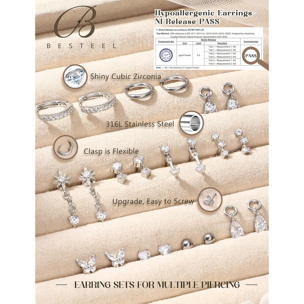 BESTEEL Hypoallergenic Flat Back Earrings Cartilage - Gold Silver Earring Stacks Surgical Stainless Steel Helix Tragus Conch Flatback Stud Hoop Earring Sets for Sensitive Ears Women Trendy Gift