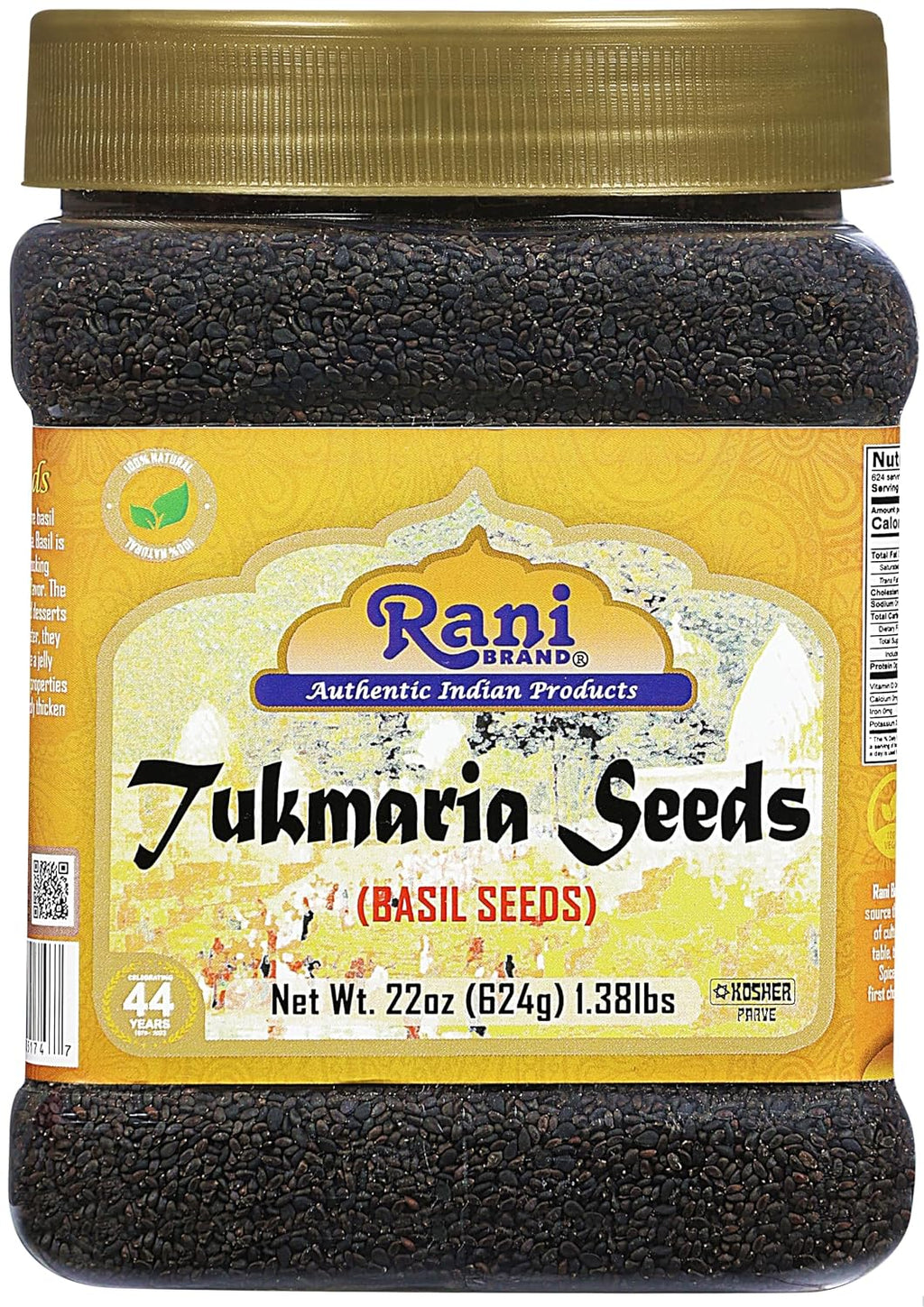 Rani Tukmaria (Natural Holy Basil Seeds) 1.38Lbs (22Oz) 624G Pet Jar Used For Falooda / Sabja Dessert, Spice & Ayurveda Herbal ~ Gluten Friendly | Non-Gmo | Kosher | Vegan | Indian Origin