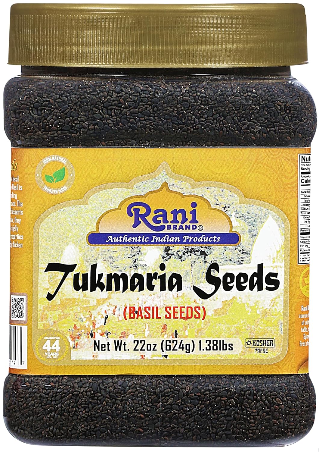 Rani Tukmaria (Natural Holy Basil Seeds) 1.38Lbs (22Oz) 624G Pet Jar Used For Falooda / Sabja Dessert, Spice & Ayurveda Herbal ~ Gluten Friendly | Non-Gmo | Kosher | Vegan | Indian Origin
