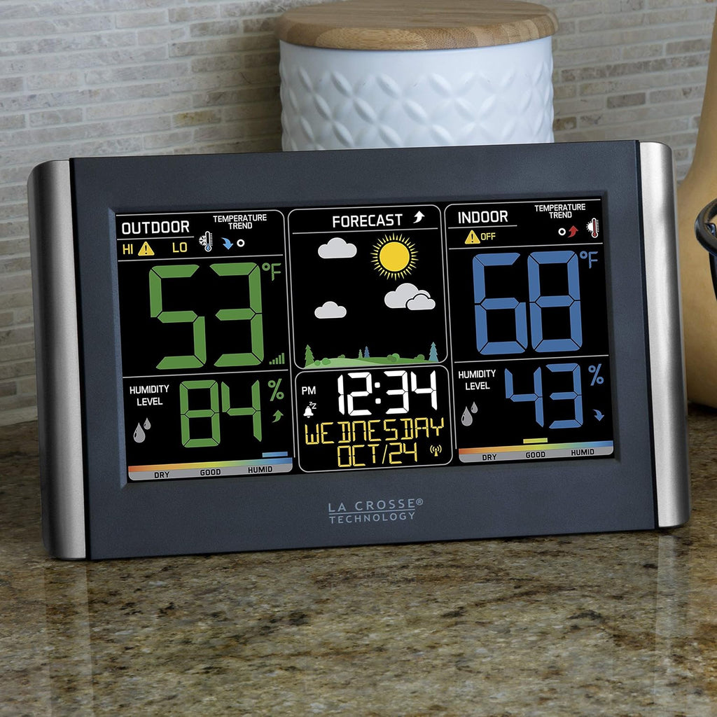 La Crosse Technology Weather Station With Customizable Alerts, Weather Forecast, Temperature, Dew Point, Humidity, Time, Heat Index, Large Display, Adjustable Brightness, Wireless, Black, C85845-Int