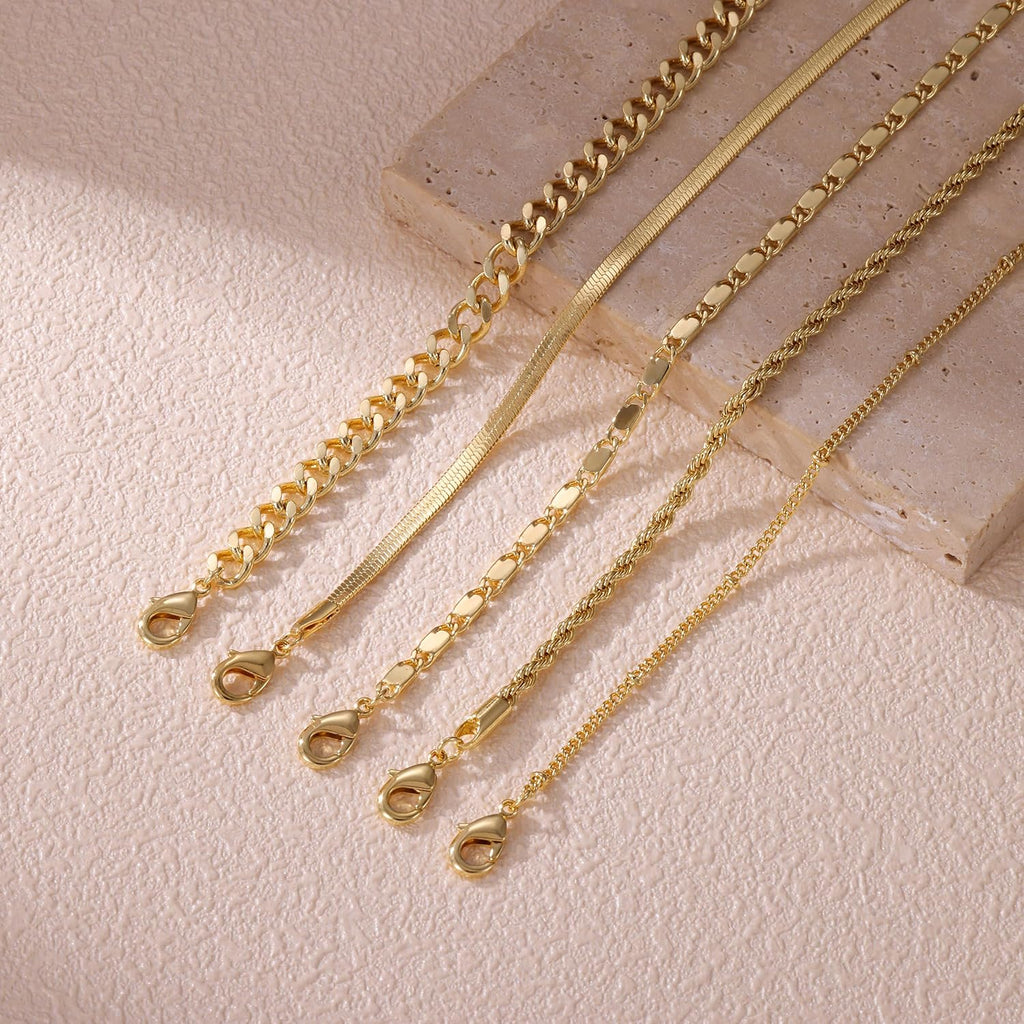 Plus Size Gold Ankle Bracelets for Women Big Ankles, Adjustable Ankle 14K Real Gold Plated Cuban Link Chain Figaro Snake Herringbone Extra Large Anklet Bracelets,Summer Beach Foot Jewelry 10-12inch