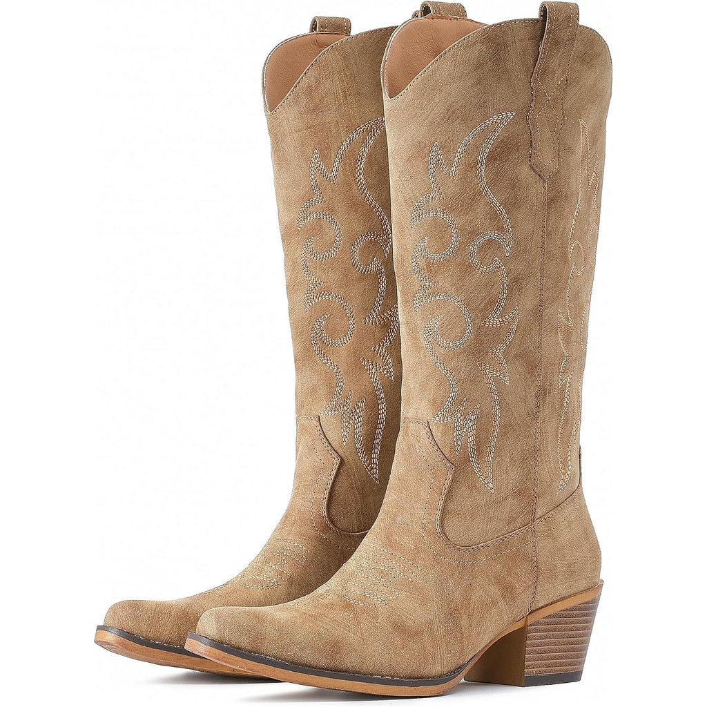 Cowboy Boots For Women Western Cowgirl Boots Mid Calf Snip Toe Boot With Chunky Heel