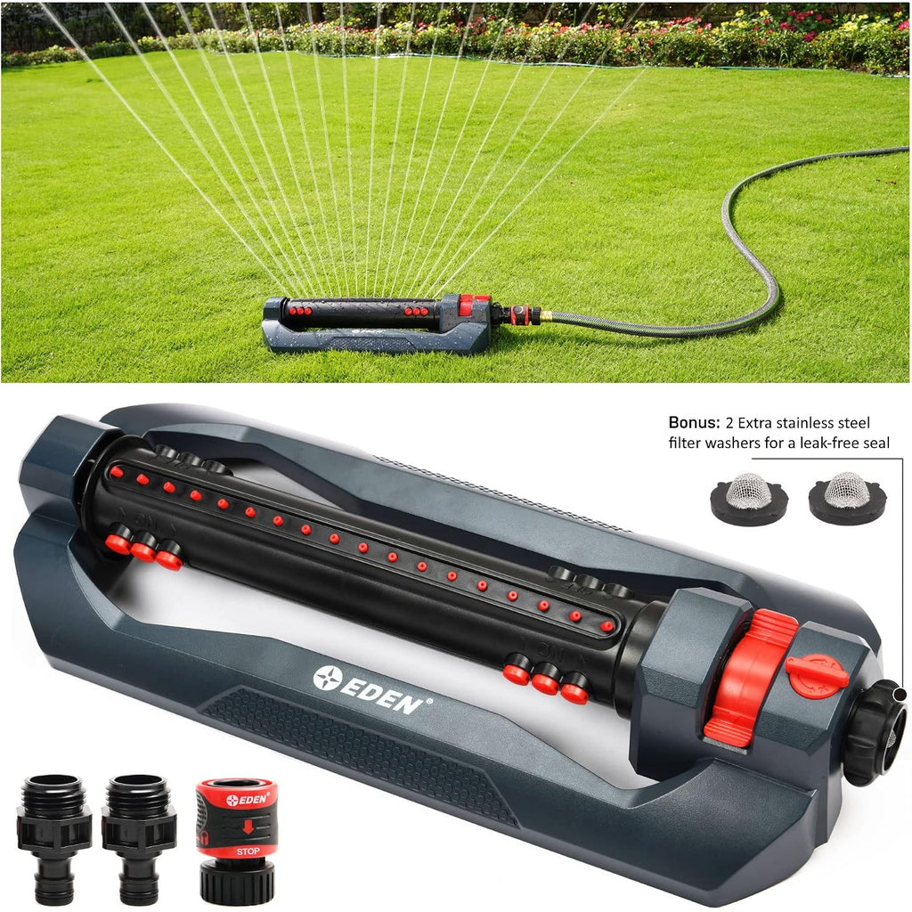 Eden 96212 Turbo Oscillating Sprinkler | Covers Up To 4,400 Sq. Ft., 18 Precision Nozzles, Adjustable Range, Flow Control, Triple Nozzle Width Switches, Turbo Drive Motor, Quick Connect Bundle