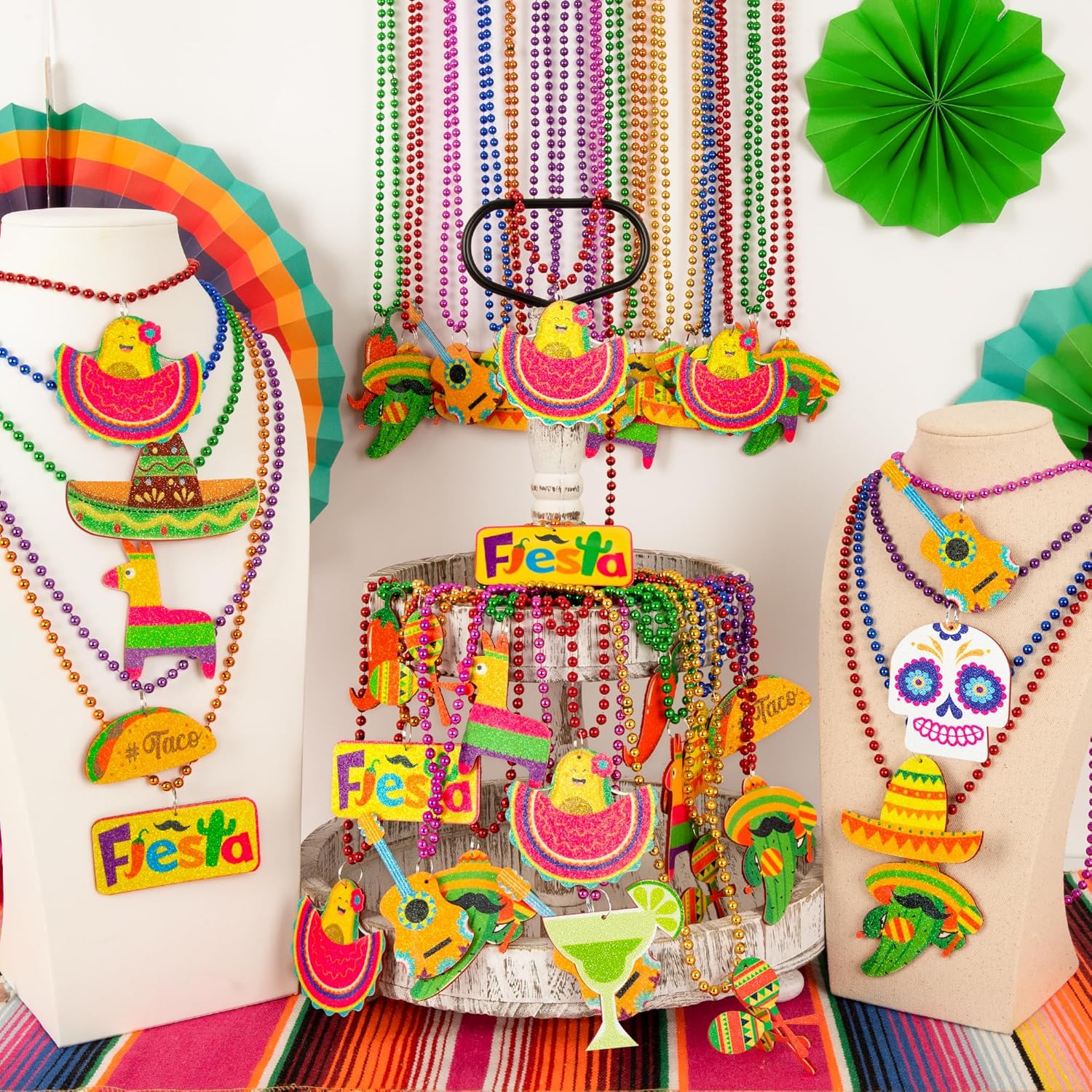 36PCS Cinco de Mayo Party Favors, Fiesta Bead Necklace Decorations, 12 Kinds of Metallic Fiesta Mexican Necklace Party Supplies, Fiesta Cactus Pinata Maracas Accessories for Cinco de Mayo Party Favors
