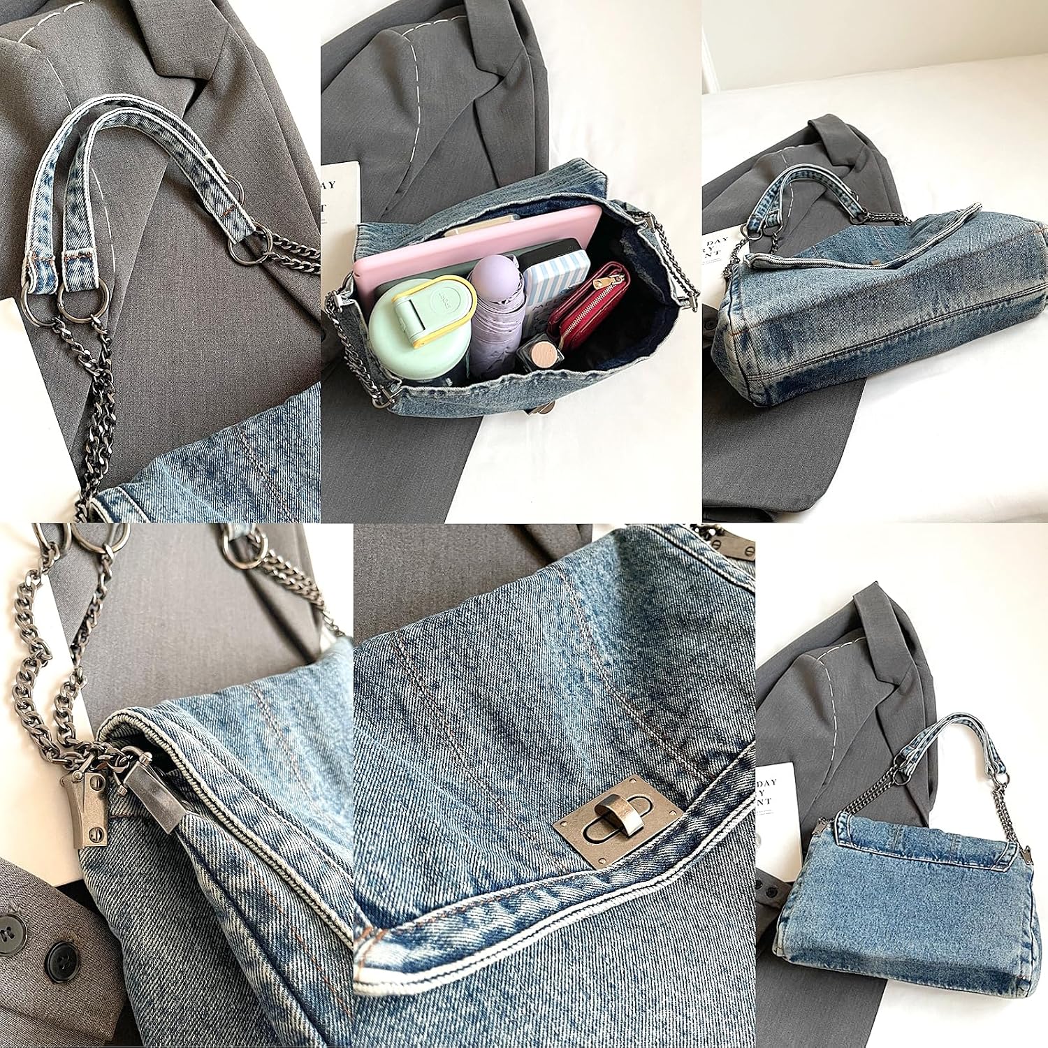 Large Denim Purses For Women Denim Tote Bag Casual Retro Crossbody Lightweight Shoulder Bag Canvas Handbags