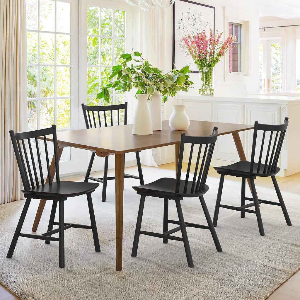 Lue Bona Upgraded Dining Chairs Set Of 4, Farmhouse Wooden Spindle Back Kitchen Chairs, Windsor Dining Chairs For Kitchen And Dining Room, Black