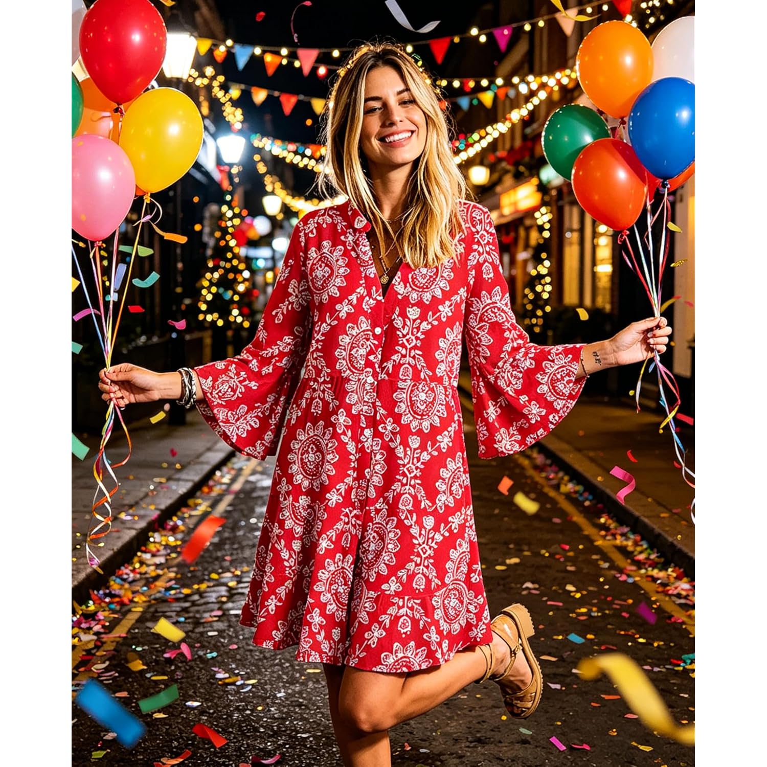 Selink Womens Long Sleeve Dresses Casual V Neck Tribal Print Button Flowy Boho Mini Beach Dress