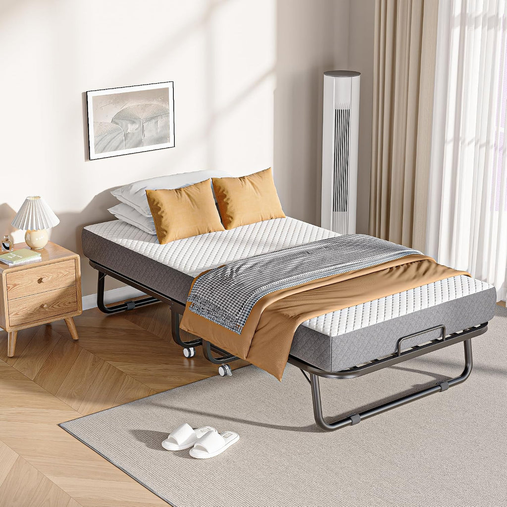 Folding Bed With Memory Foam Mattress, 75" X 31" Cot Size Portable Foldable Bed With Movable Wheels, Space-Saving Sturdy Metal Frame, Twin Rollaway Bed For Adults For Guest Room, Apartment, Camping
