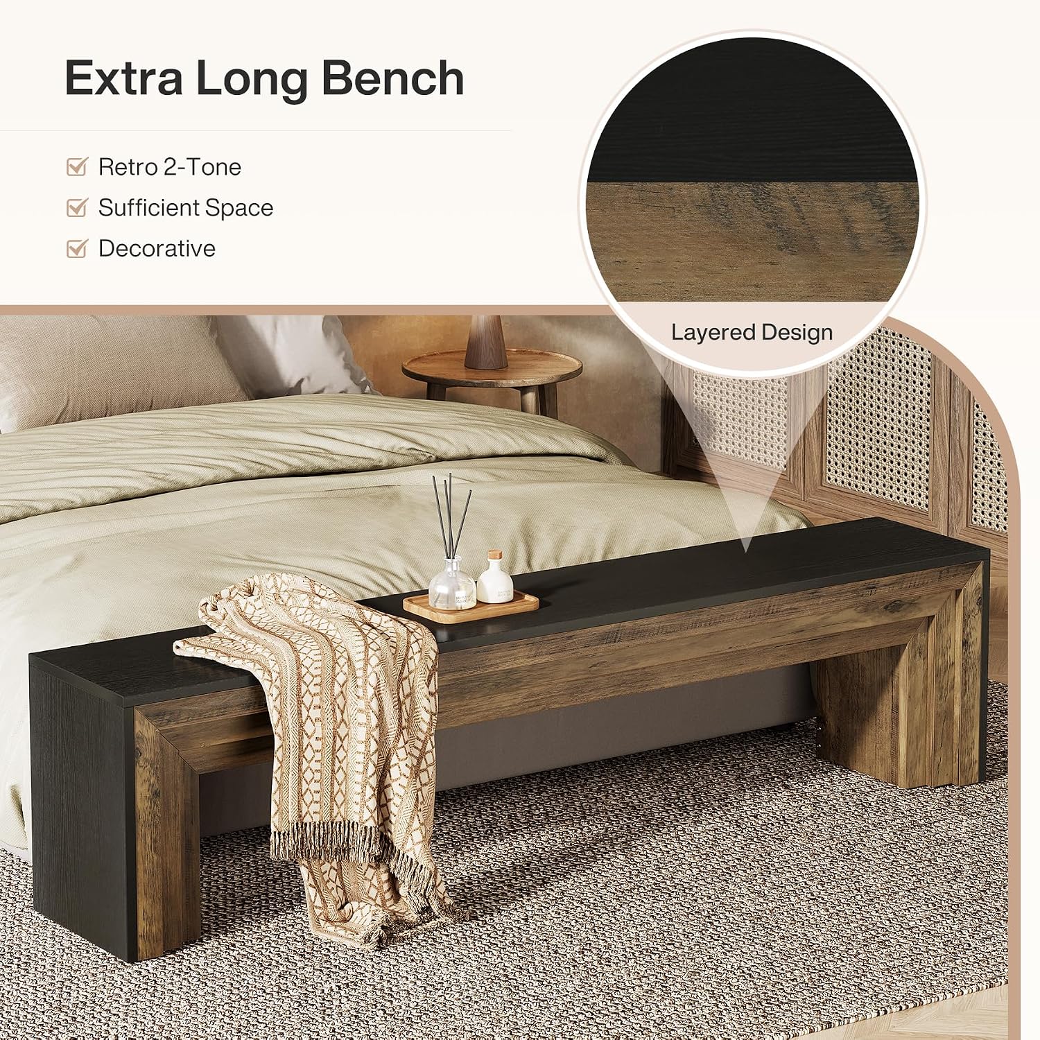 Tribesigns 71" Extra Long Entryway Bench, Farmhouse Bed Bench (Black&Brown) | Modern Wooden Shoe Bench Indoor Seating With Layered Design For Hallway, Bedroom, Living Room, Sofa Back, Dining Room