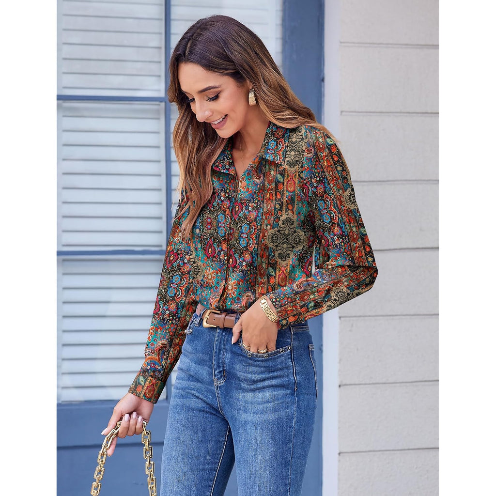 Zeagoo Button Down Shirts For Women Dressy Floral Printed Long Sleeve Blouse Business Casual Work Tops