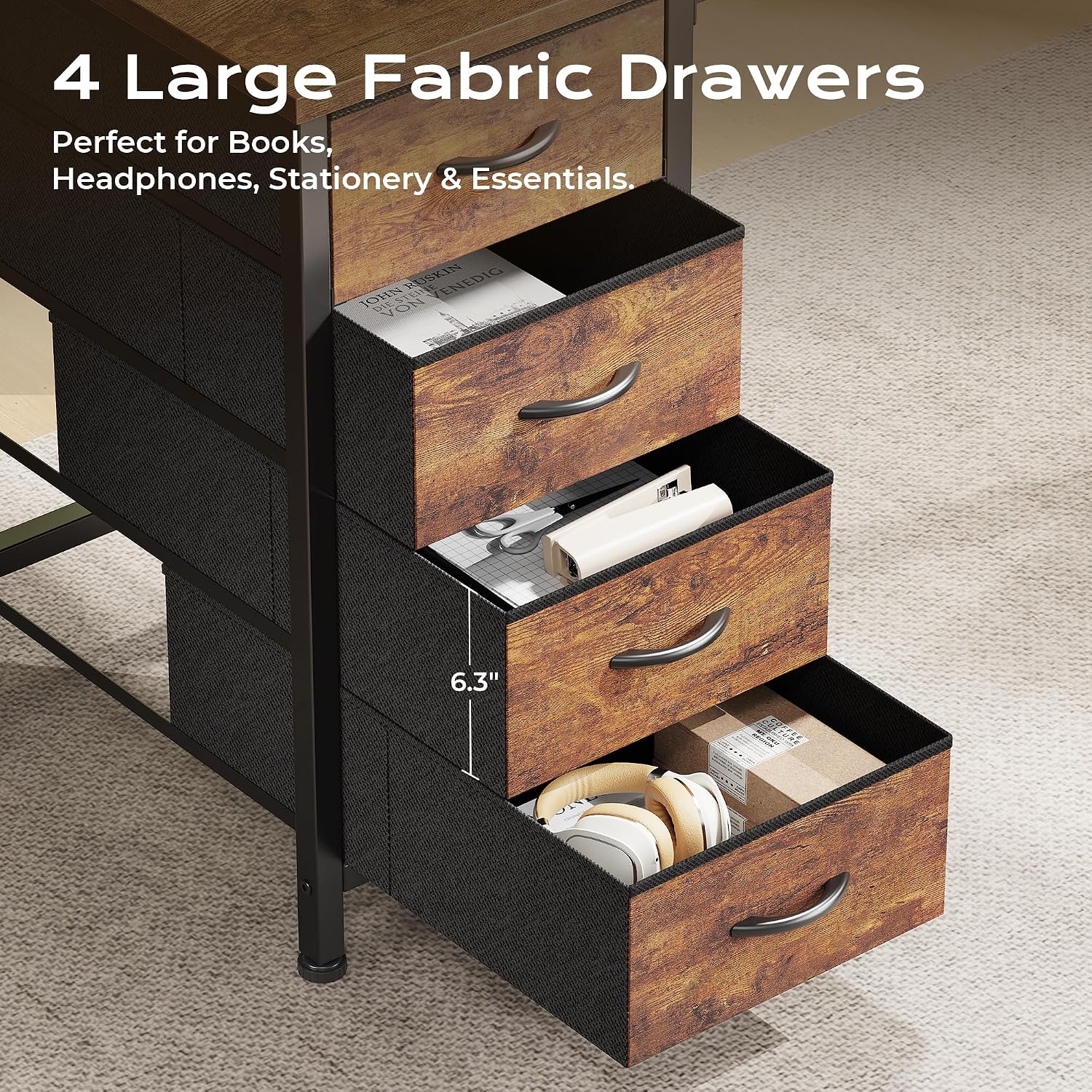 Huuger 55 Inch L Shaped Desk With Fabric Drawers, Reversible Computer Gaming Desk With Power Outlets And Usb-C Port, Adjustable Side Storage Shelves, For Work Corner Home Office, Rustic Brown