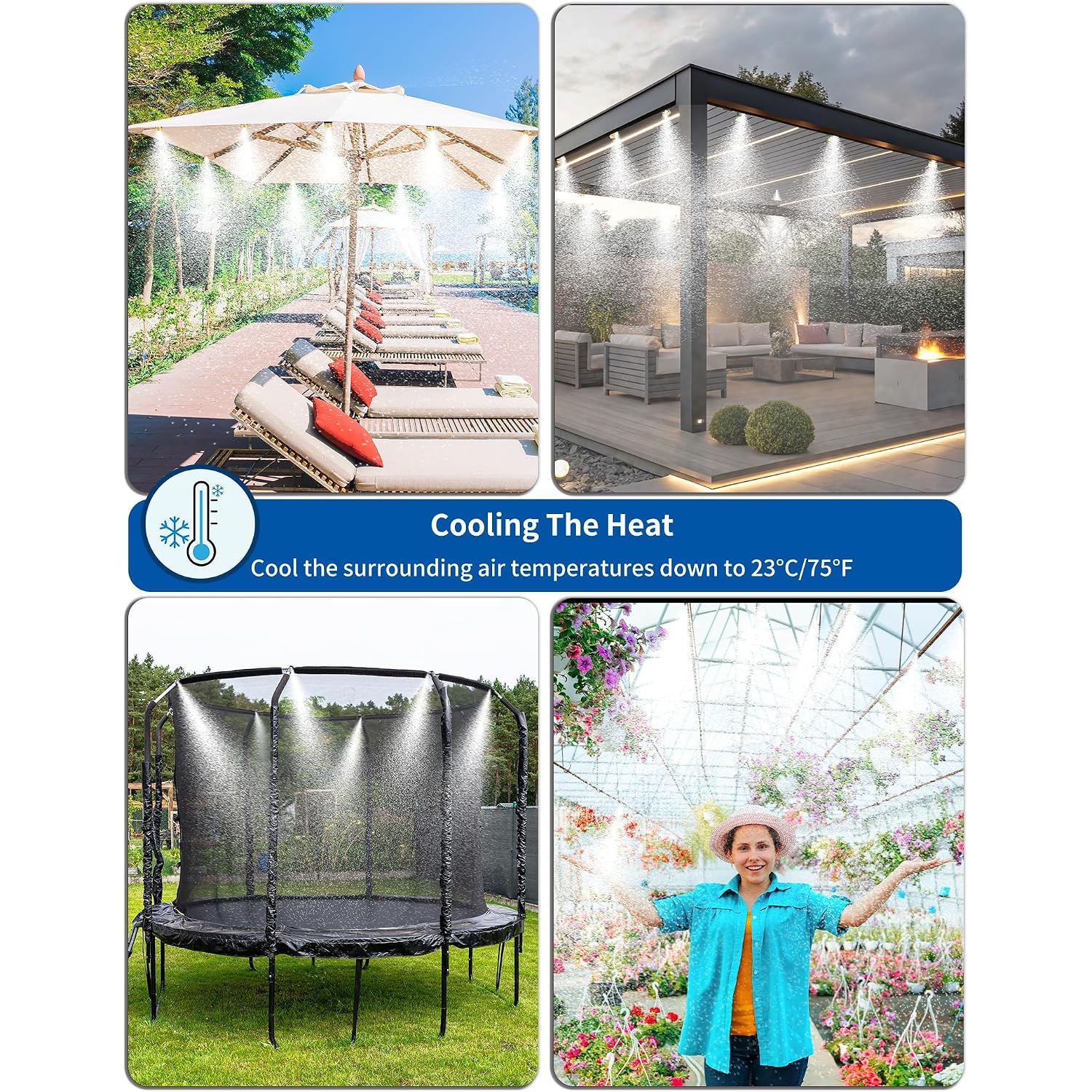 Misters For Outside Patio 63Ft(19.2M)+21 Brass Mist Nozzles+A Brass Adapter(3/4") Detachable Outdoor Misting Cooling System For Garden, Waterpark, Greenhouse, Backyard, Fan, Umbrella, Deck, Canopy