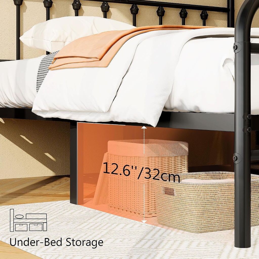 Zunatu Queen Size Metal Platform Bed Frame/Victorian Style Headboard And Footboard/Steel Slat Support/Easy Assembly/No Box Spring Needed/Underbed Storage/Noise Free/Black