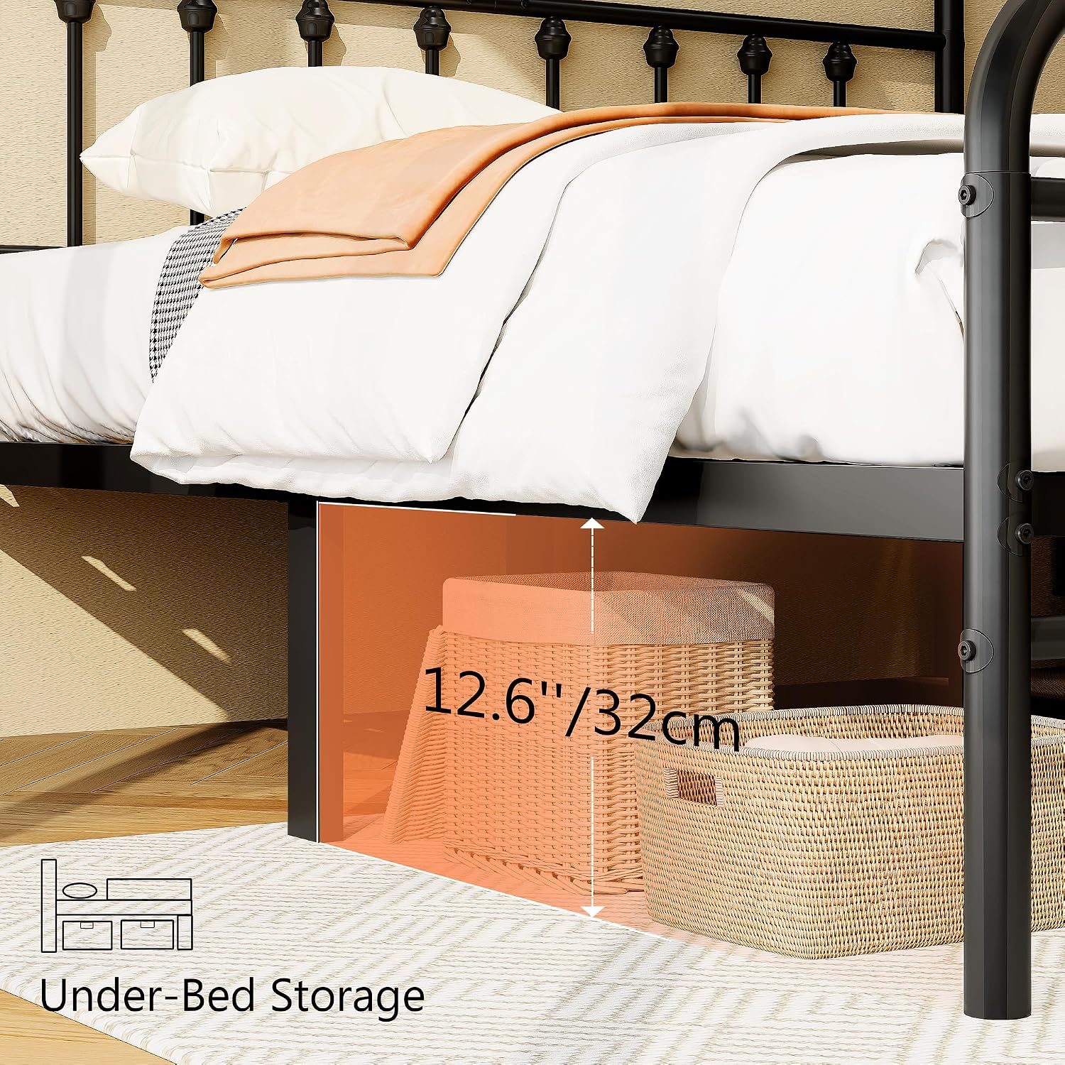Zunatu Queen Size Metal Platform Bed Frame/Victorian Style Headboard And Footboard/Steel Slat Support/Easy Assembly/No Box Spring Needed/Underbed Storage/Noise Free/Black