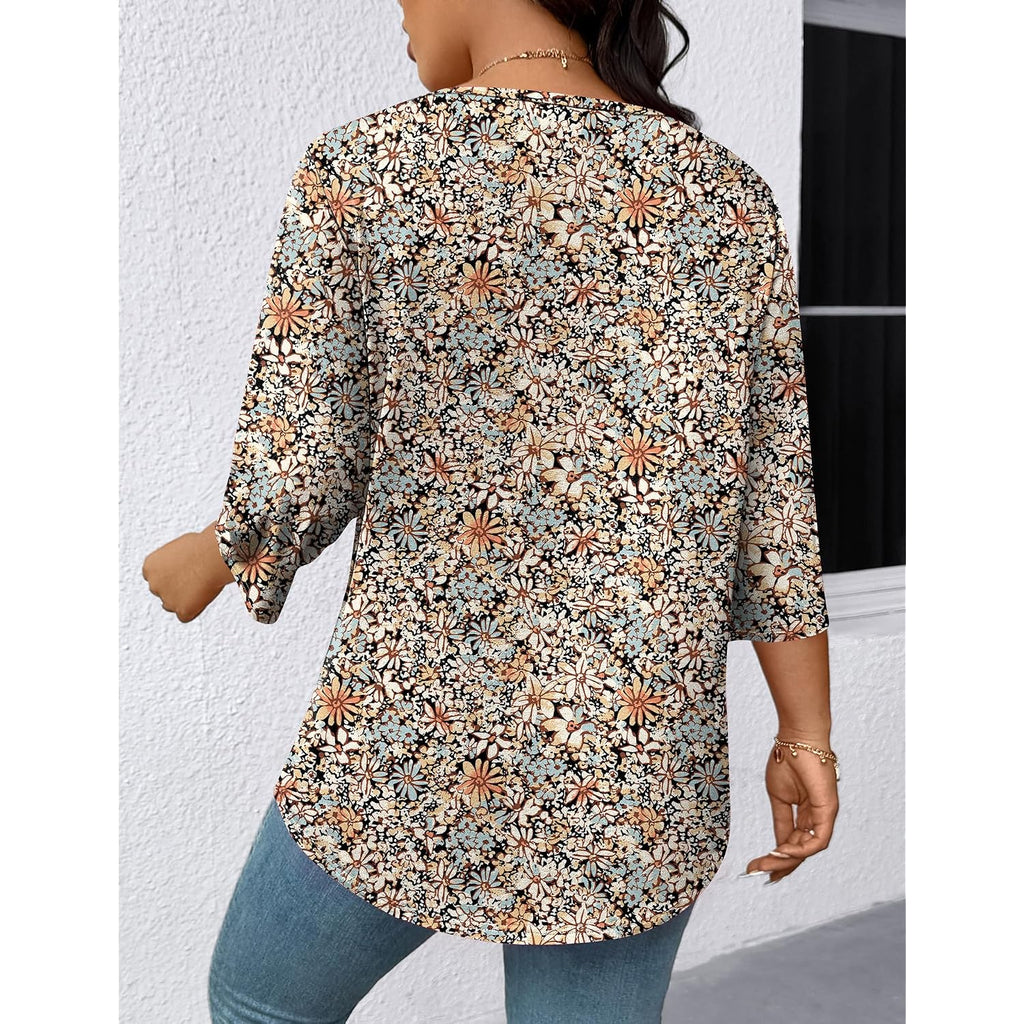 Lomon Womens Plus Size Tops 3/4 Length Sleeve Womens Tops Pleated Crewneck Fall Shirts Summer Blouses 2026 (1X-5X)