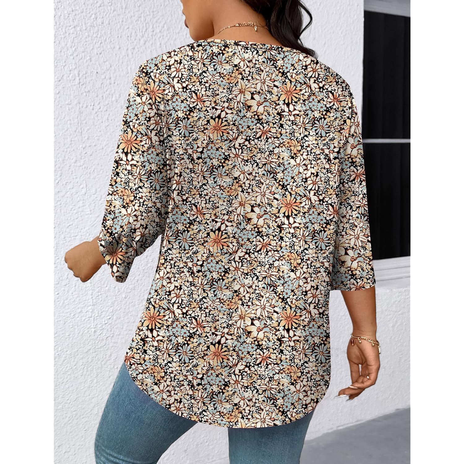 Lomon Womens Plus Size Tops 3/4 Length Sleeve Womens Tops Pleated Crewneck Fall Shirts Summer Blouses 2026 (1X-5X)