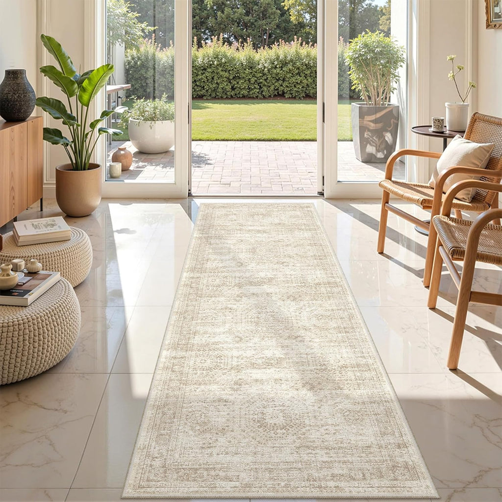 Rug Runners for Hallways Non Slip - 2x8 Runner Rug for Bedroom, Washable Runner with Rubber Backing, Soft Low-Pile Carpet for Kitchen, Laundry, Bathroom (2'x8', Beige/Ivory)