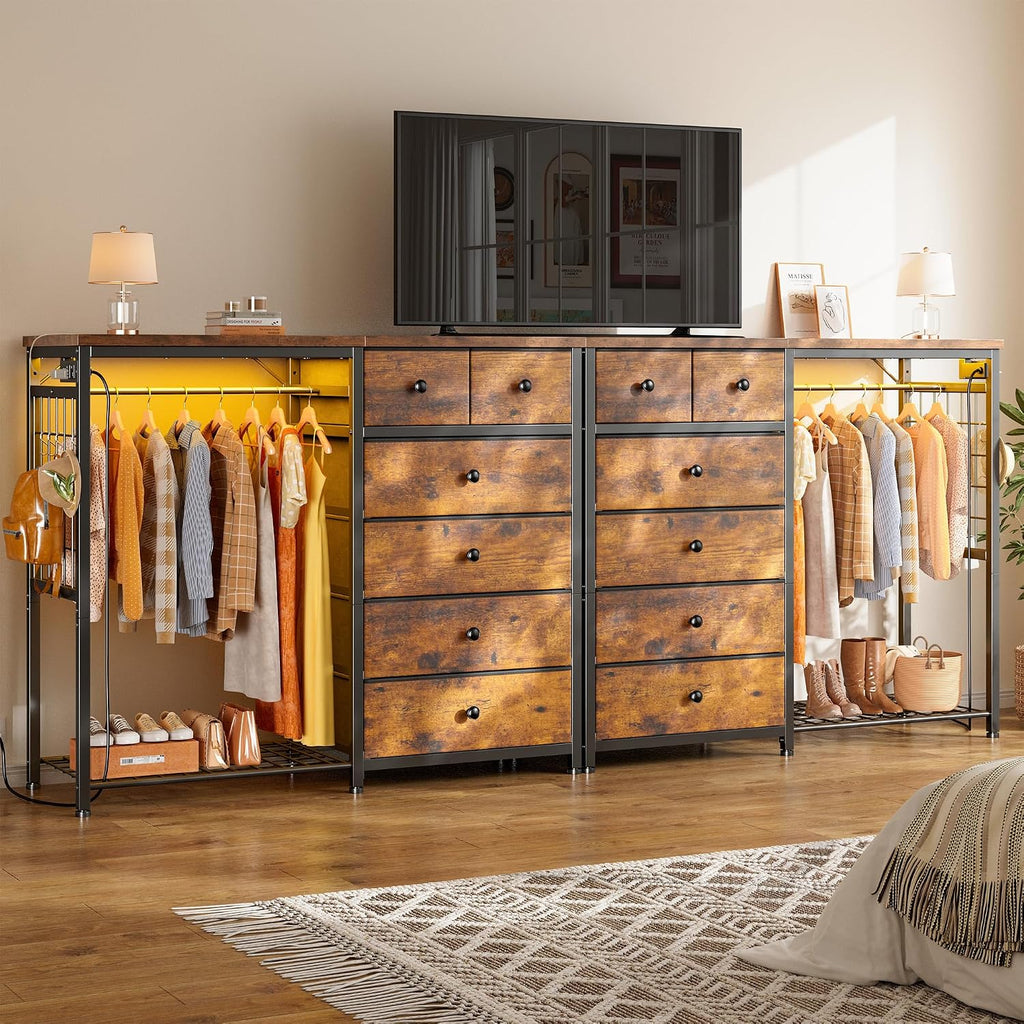 Enhomee 49.2" W Dresser With Hanging Rack & 6 Drawers, Grid Panel & 4 Hooks | Featuring Led Lights And Charging Station, Wooden Top Organize Unit For Bedroom, Chest Of Drawers With Steel Frame, Brown