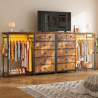Enhomee 49.2" W Dresser With Hanging Rack & 6 Drawers, Grid Panel & 4 Hooks | Featuring Led Lights And Charging Station, Wooden Top Organize Unit For Bedroom, Chest Of Drawers With Steel Frame, Brown