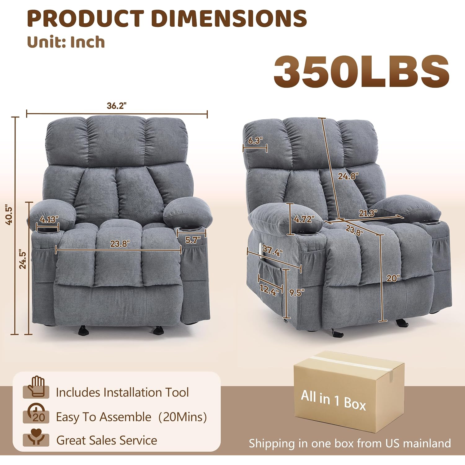 Massage Rocking Recliner Chair, Ergonomic Recliners Sofa With Vibration Massage & Heat, Rocking Chair Nursery Chair For Living Room Lounge With 4 Pockets, 2 Cup Holders, Usb Charge Port, Grey