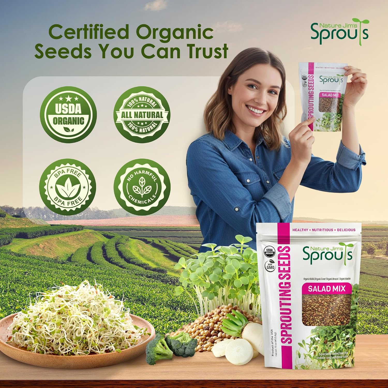 Nature Jim'S Sprouts Organic Salad Mix – Alfalfa, Radish, Clover Seed, 1Lb | Non-Gmo Microgreen Seeds - Fast-Growing Plants - Ideal Sprouting Seeds For Fresh & Nutritious Indoor/Outdoor Home Gardening
