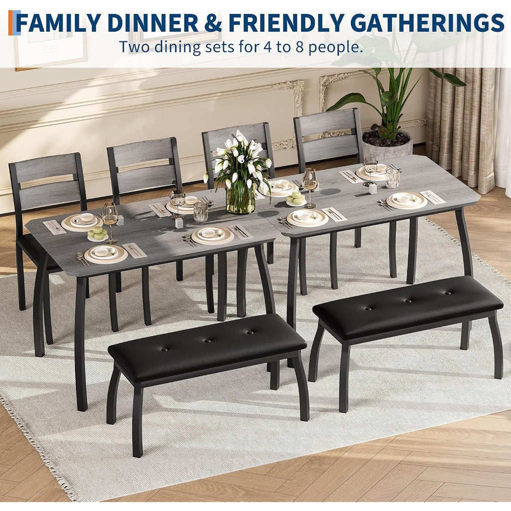Idealhouse 43'' Dining Table Set For 4, Wooden Kitchen Table With Upholstered Bench & 2 Cushion Chairs, Industrial Dinette Set For Studio, Kitchen, Dining Room, Apartment, Gray