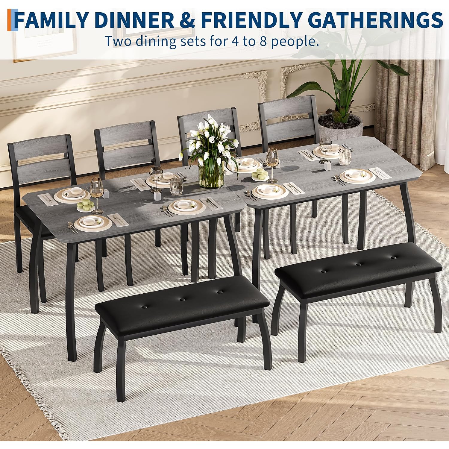 Idealhouse 43'' Dining Table Set For 4, Wooden Kitchen Table With Upholstered Bench & 2 Cushion Chairs, Industrial Dinette Set For Studio, Kitchen, Dining Room, Apartment, Gray