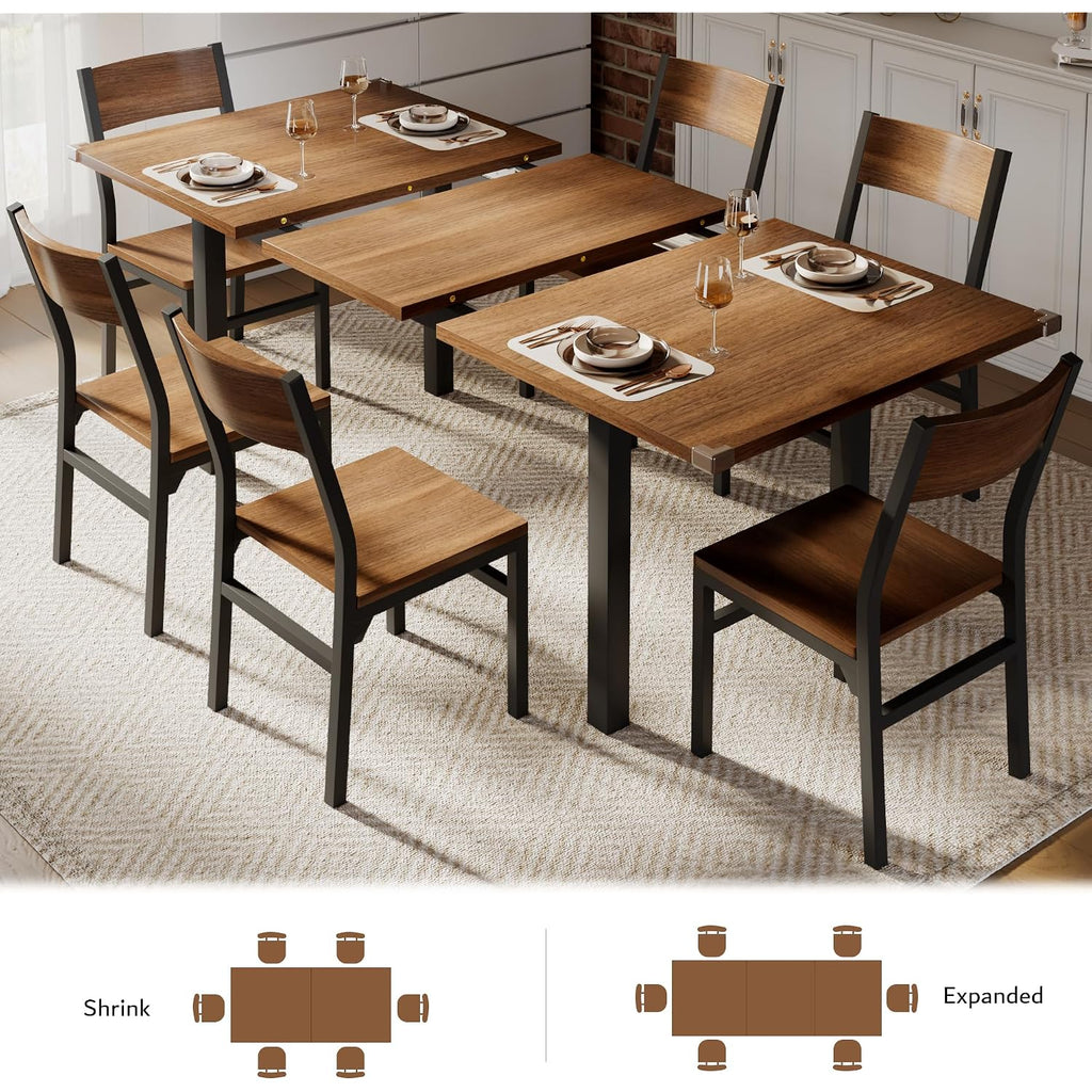 Ipormis 7-Piece Dining Table Set With 6 Chairs, 63" Extendable Kitchen Table & Chairs Set For 4-6, Dining Roomtable With Solid Metal Frame & Mdf Board, Perfect For Small Space, Easy Assembly, Walnut