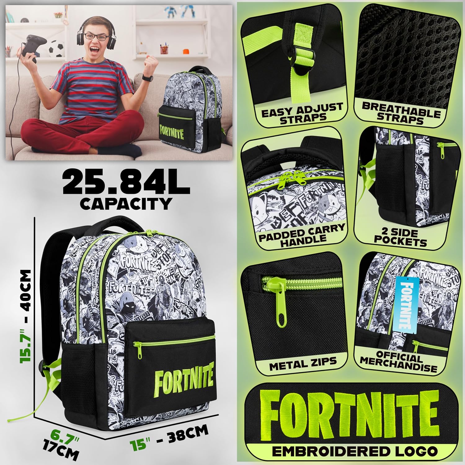Fortnite Backpack For Kids Teens School Bookbag Travel Bag Rucksack For Vacation Sports Gifts For Kids (Black Aop)