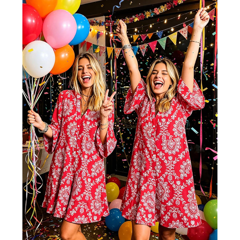 Selink Womens Long Sleeve Dresses Casual V Neck Tribal Print Button Flowy Boho Mini Beach Dress