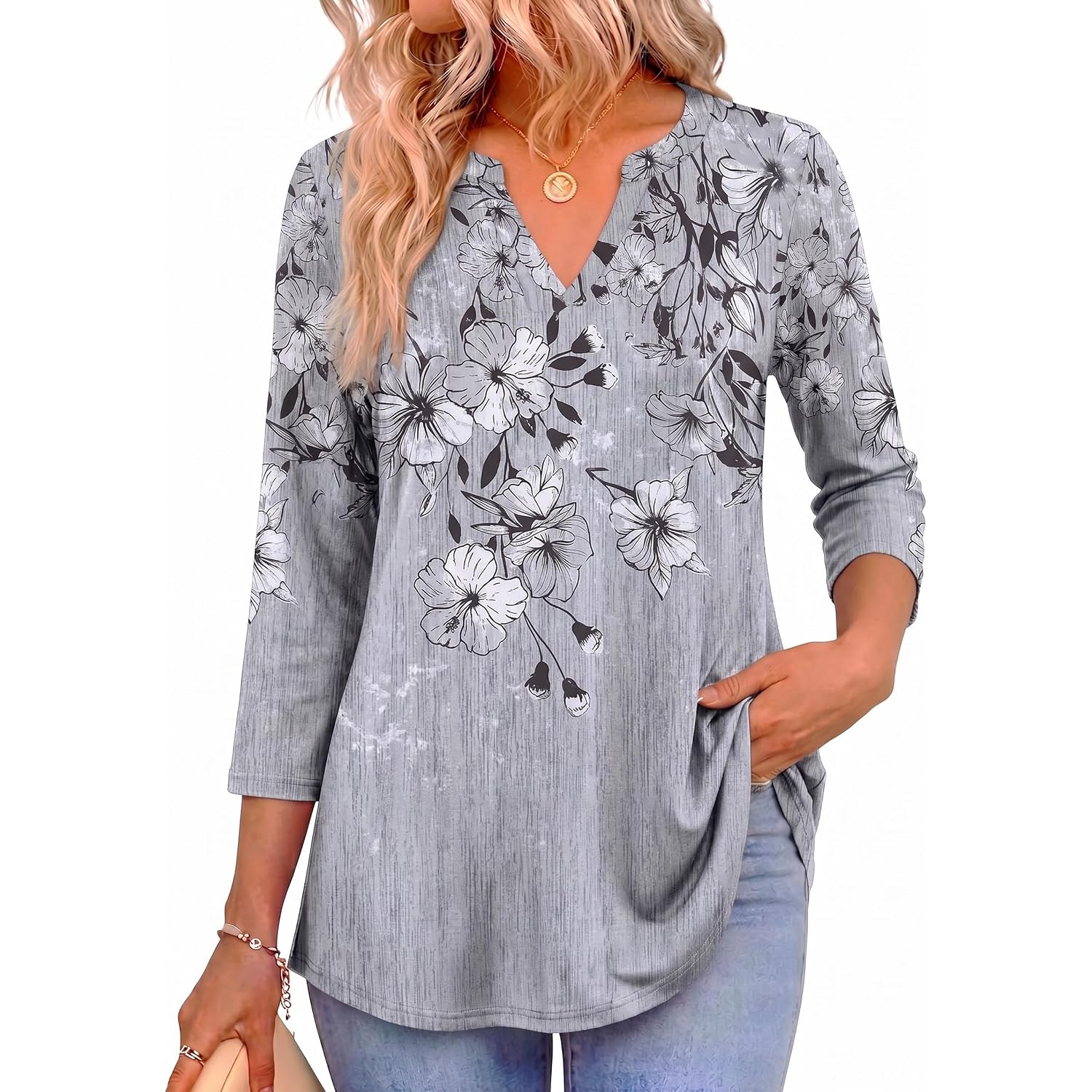 Zeagoo Womens 3/4 Length Sleeve Tops V Neck Tunic Casual Dressy Blouse Floral Printed Shirts
