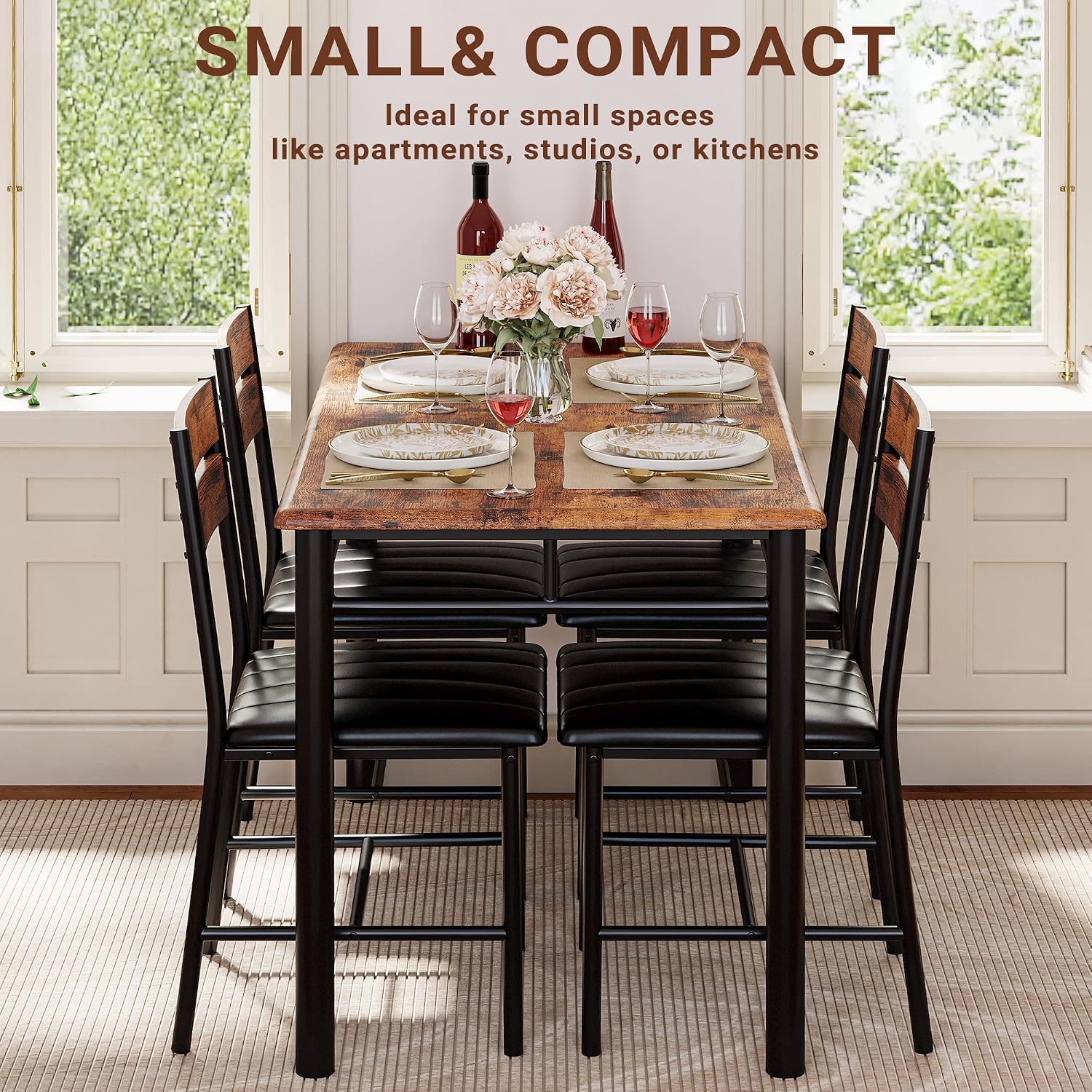 Ironck Dining Table Set For 4, Wood Kitchen Table With Upholstered Chairs For Kitchen Room And Small Spaces, Rustic Brown