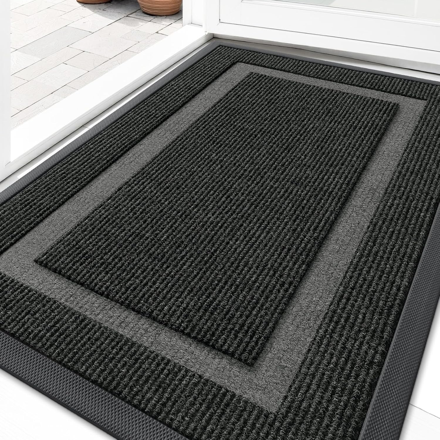 Olanly Front Door Mat Indoor Outdoor Entrance, Waterproof All-Season, All-Weather Doormat, Sturdy Natural Rubber, Fade Resistant, Low Profile, Easy Clean Patio Porch Entryway Mat, 29.5X17, Black