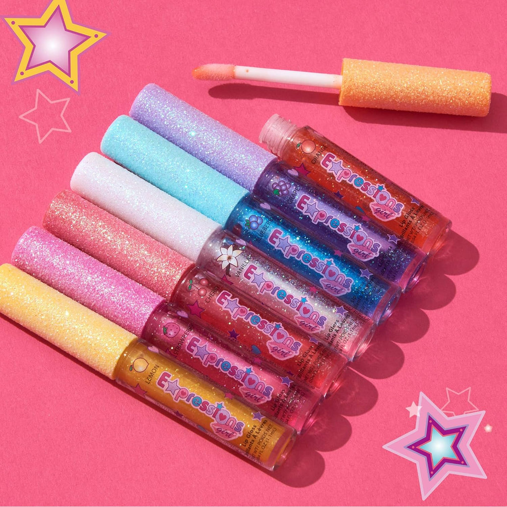 Expressions girl 7pc Fruity Flavored Lip Gloss Set – Assorted Fruit Flavor Lip Glosses | Non-Toxic Kids Makeup | Fun Shiny Lip Gloss Collection for Kids, Teens & Girls – Sweet & Glossy Lip Care