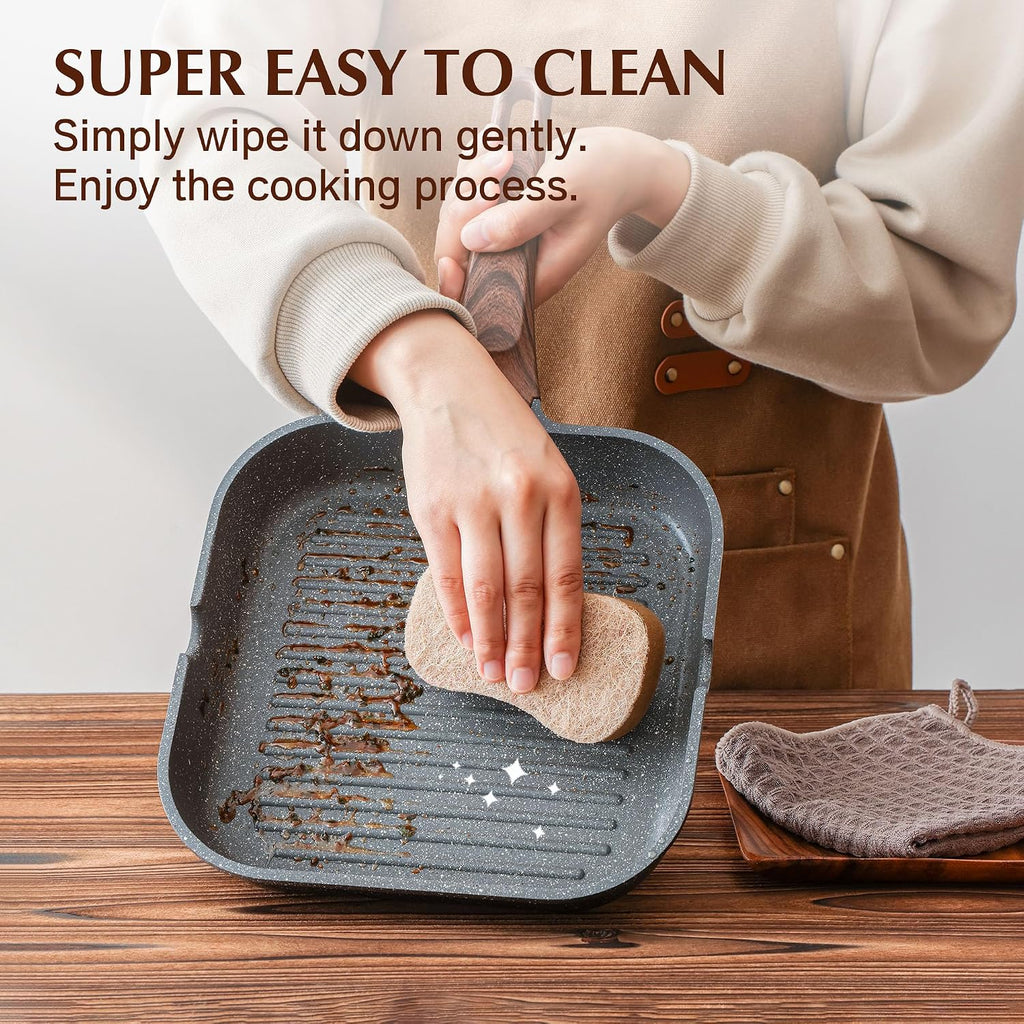 Sensarte Nonstick Grill Pan For Stove Tops, Versatile Griddle With Pour Spouts, Square Big Cooking Surface, Durable Skillet Indoor & Outdoor Grilling. Pfoa Free, 9.5 Inch