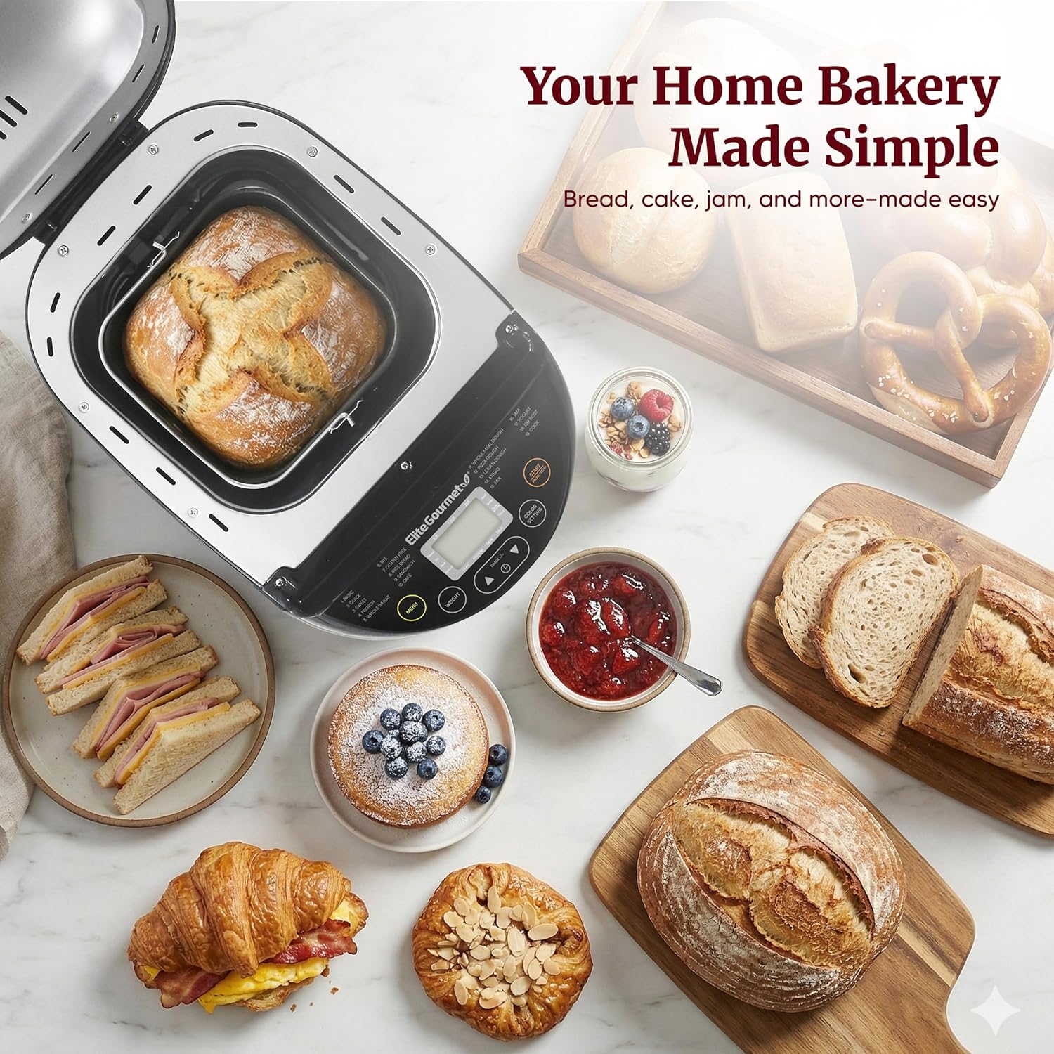 Elite Gourmet Programmable Bread Maker, 2 lb Loaf, 3 Sizes, 19 Presets incl. Gluten-Free, Dough & Jam, Delay Timer, Black