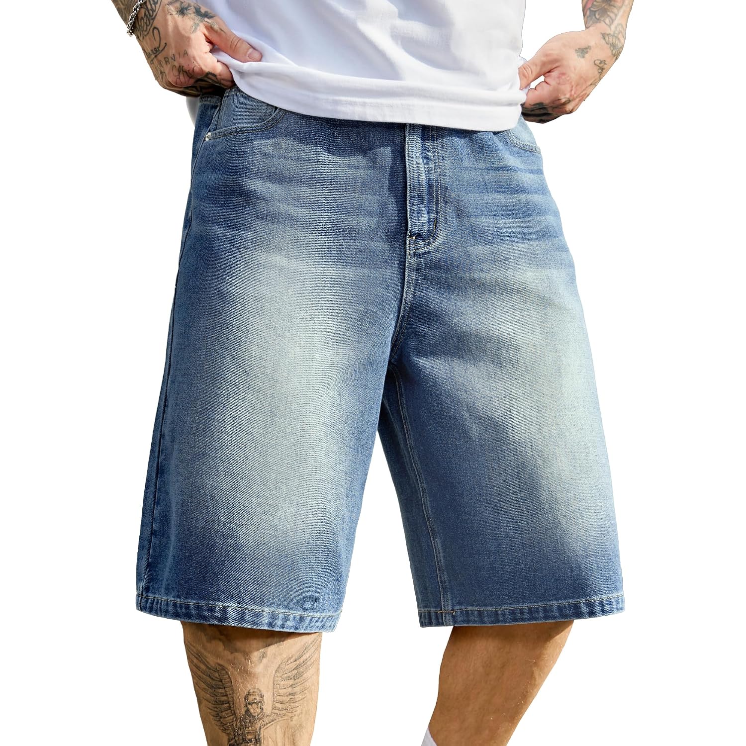Plepan Mens Super Baggy Jean Shorts 12" Vintage Loose Fit Wide Leg Long Jorts Y2K Streetwear Below Knee Denim Shorts