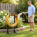 Garden Hose Holder Stand, Freestanding Heavy Duty Metal Hose Holder With Stable Base And Tool Hooks, Rustproof Water Hose Storage Rack For Outside Yard Lawn