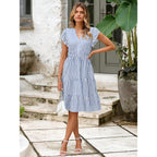 Glamaker Floral Tiered Midi Sundress Casual Summer V Neck Flutter Sleeve Striped Sun Dress With Pockets