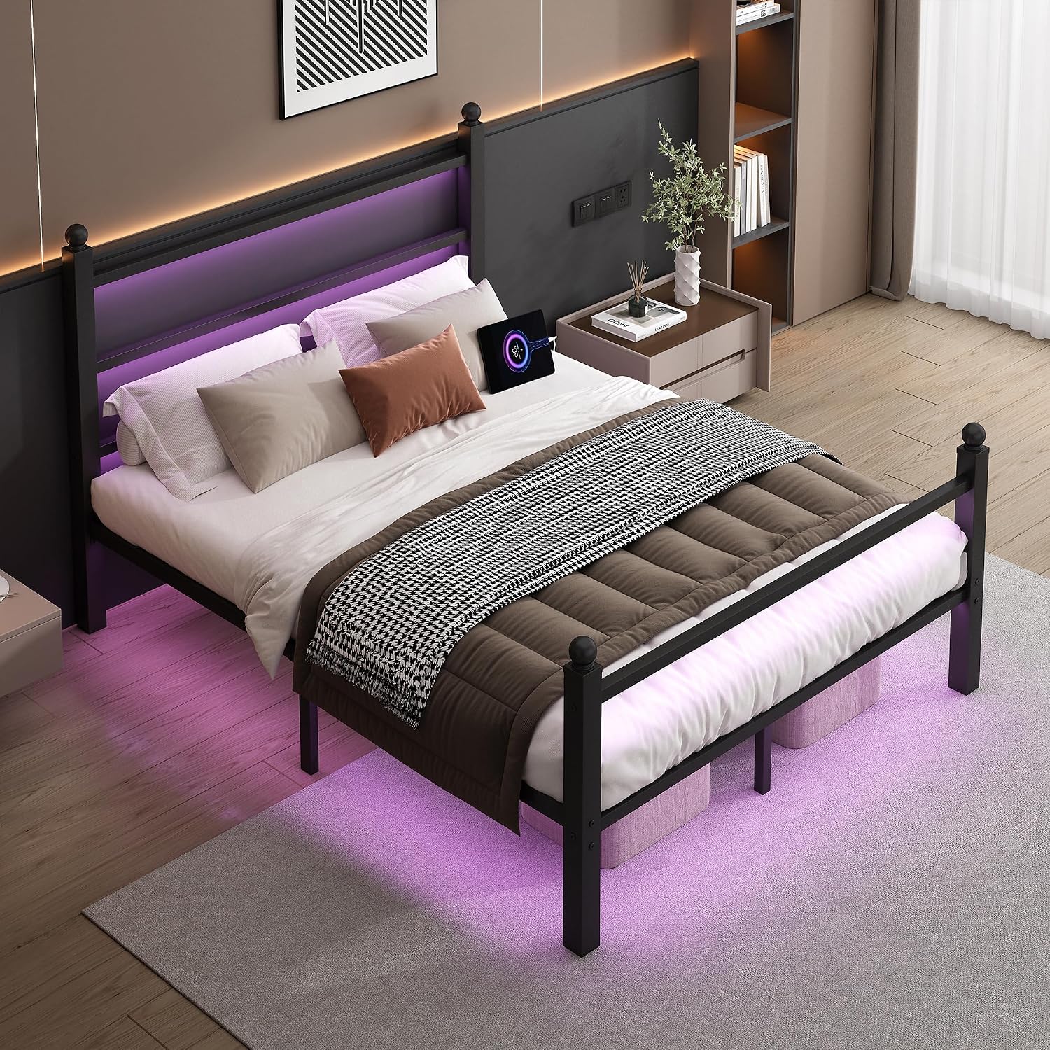 Clibfeng Full Size Bed Frame With Headboard And Footboard,Steel Slats Support-Led Bed Frame With Charging Station,Mattress Foundation-Under Bed Storage, No Box Spring Needed,Noise Free,Black