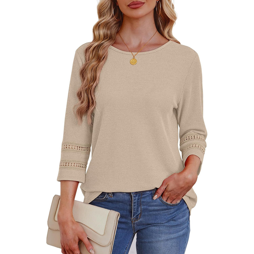 OFEEFAN Womens Tops Dressy Casual 3/4 Length Sleeve Shirts Spring Summer Plus Size Lace Crochet Blouses Waffle Knit