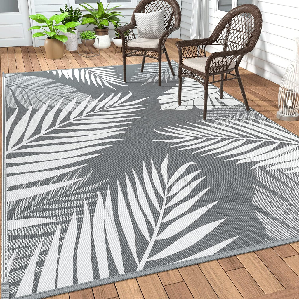 Genimo Outdoor Rug, Waterproof Plastic Rugs For Patio, 5'X8' Grey White | Outside Larger Leaf Carpet Mat For Porch Decor, Deck, Balcony, Camping, Rv, Backyard, Picnic, Beach, Reversible, Foldable
