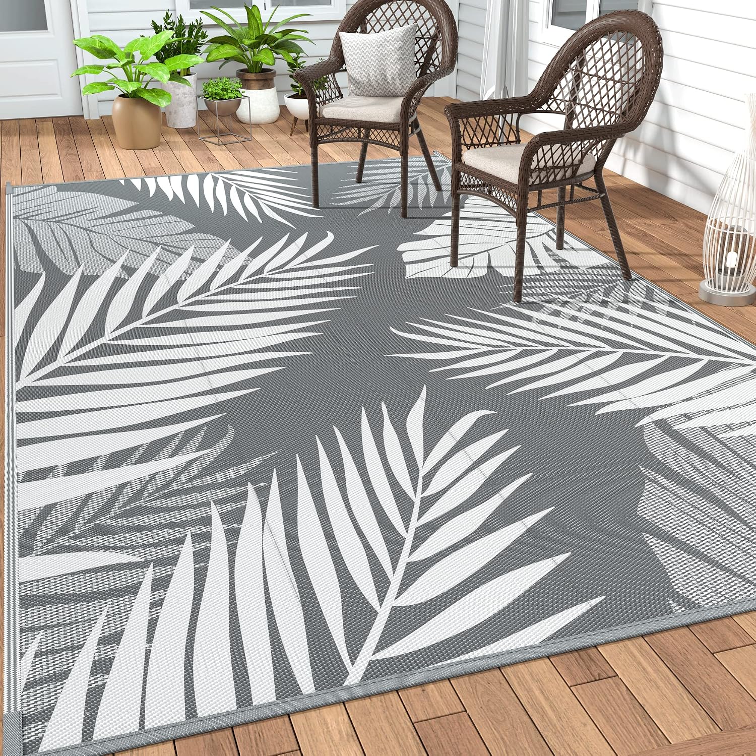Genimo Outdoor Rug, Waterproof Plastic Rugs For Patio, 5'X8' Grey White | Outside Larger Leaf Carpet Mat For Porch Decor, Deck, Balcony, Camping, Rv, Backyard, Picnic, Beach, Reversible, Foldable