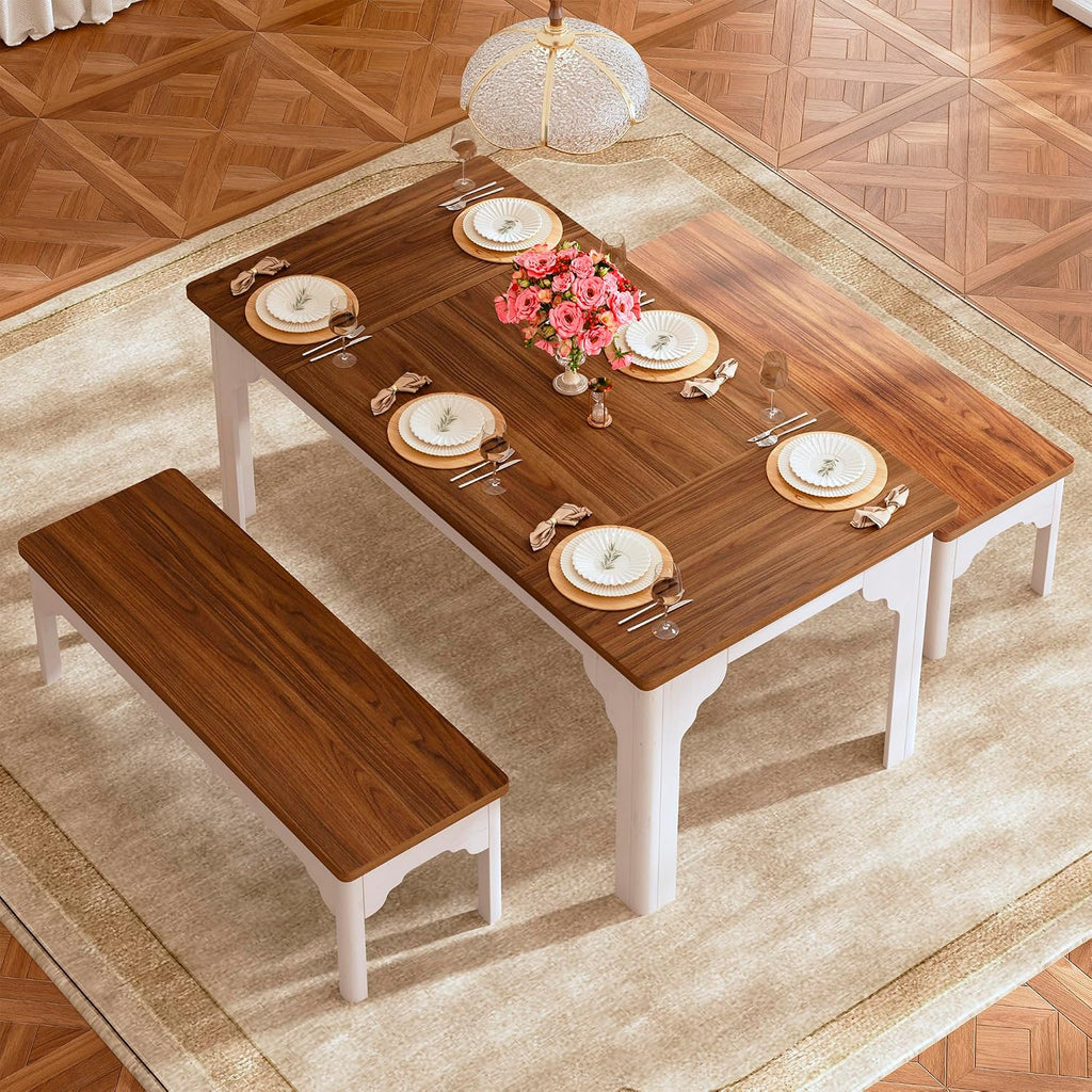 63" Farmhouse Dining Table Set For 4-6, Kitchen Table With 2 Benches, Space Saving 3-Piece Rectangle Wooden Dinette Table Set For Dining Room, Breakfast Nook, Small Space, Brown & White