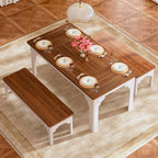 63" Farmhouse Dining Table Set For 4-6, Kitchen Table With 2 Benches, Space Saving 3-Piece Rectangle Wooden Dinette Table Set For Dining Room, Breakfast Nook, Small Space, Brown & White
