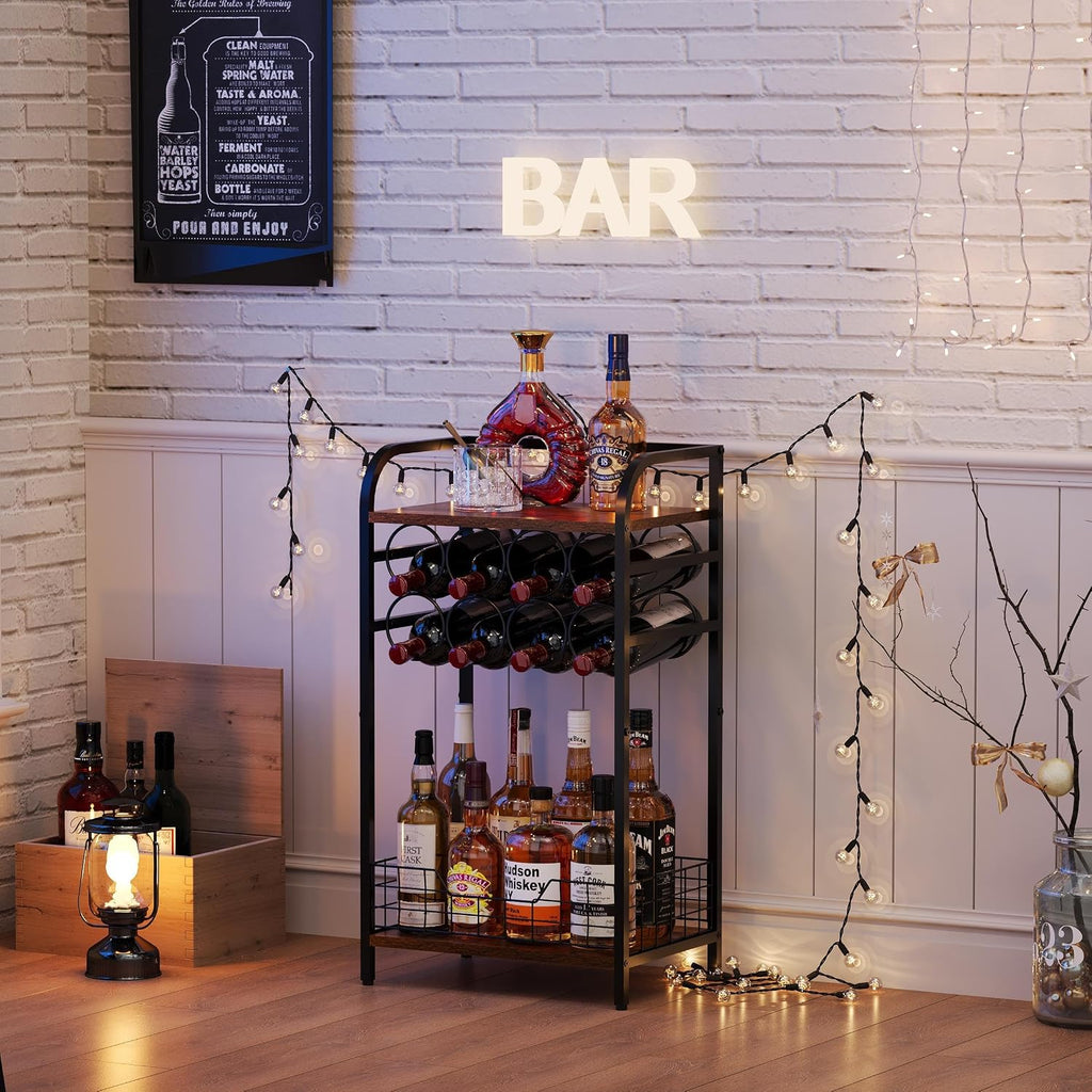 3-Tier Wine Rack Freestanding Floor Cabinet Corner Bar Cabinet Bar Cart,12 Individual Wine Storage Bottle Compartments Corner Bar Cabinet Holder,Wood + Black Frame Liquor Cabinet