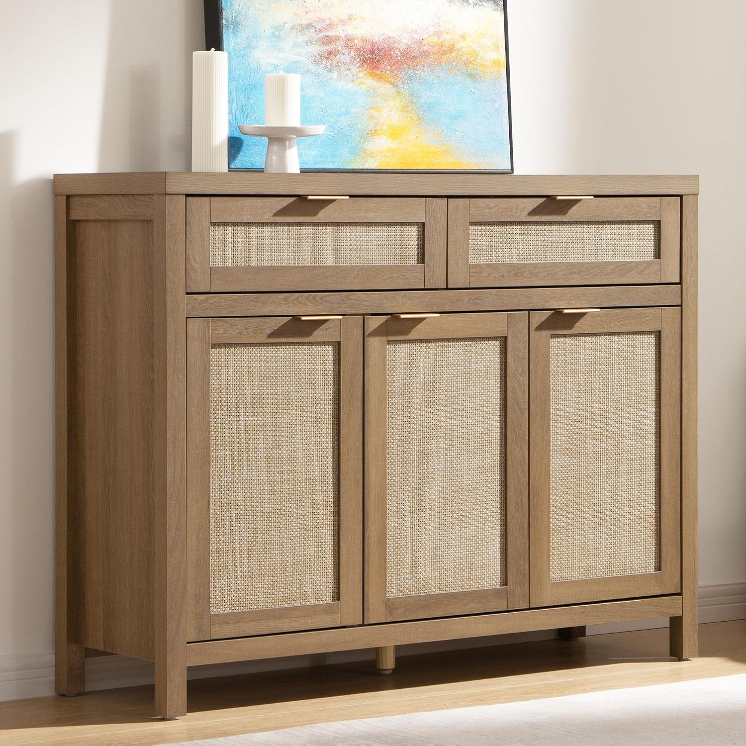 Sicotas Rattan Sideboard Buffet Cabinet With Storage, Boho Credenza Accent Cabinet With 3 Doors And 2 Drawers, Farmhouse Console Coffee Bar For Kitchen, Living Room, And Entryway, Caramel Oak