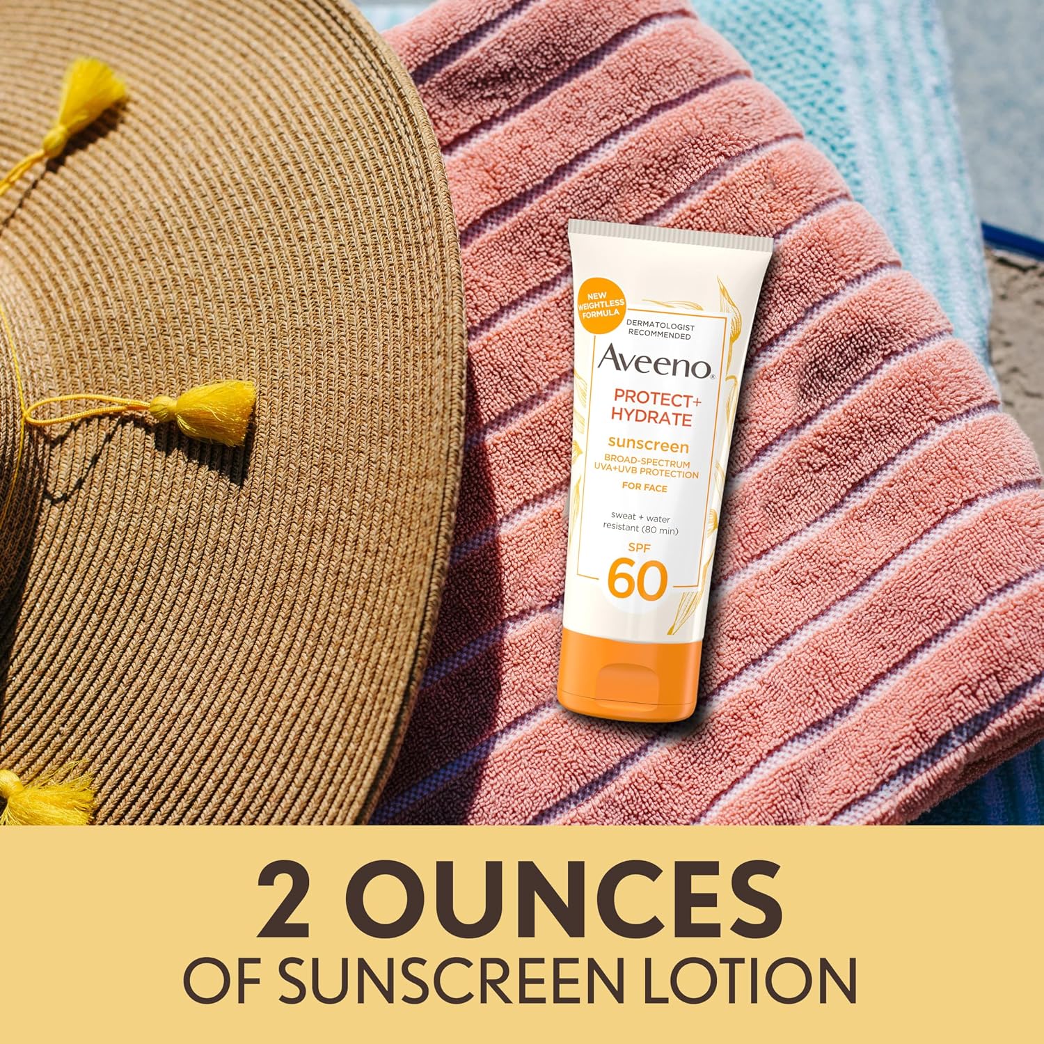 Aveeno Protect + Hydrate Face Sunscreen, Spf 60 Broad Spectrum, For Sensitive Skin, Travel Size, Water Resistant (80 Minutes), Paraben, Oxybenzone & Oil Free, 2 Fl Oz